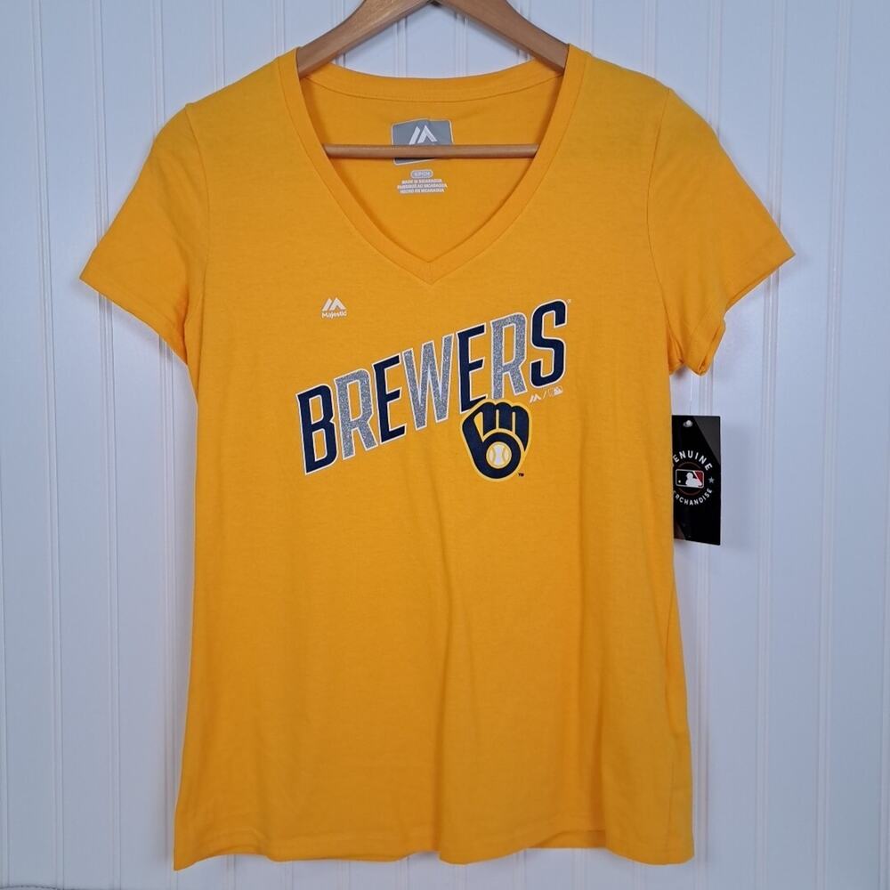 NWT Milwaukee Brewers T Shirt Womens S Short Sleeve V-Neck Majestic MLB Baseball